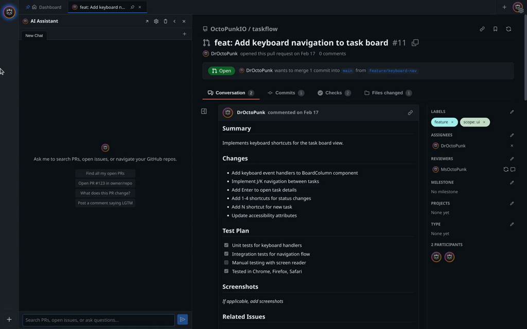 OctoPunk AI assistant panel with suggested prompts for finding PRs, summarizing changes, and posting comments