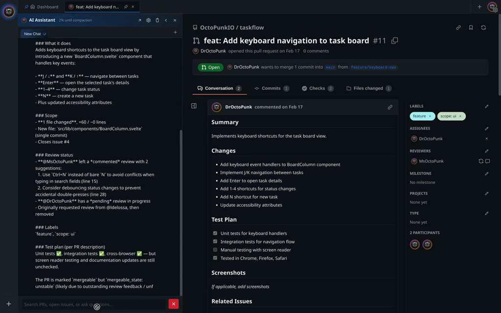 AI assistant analyzing a pull request and producing a structured review summary