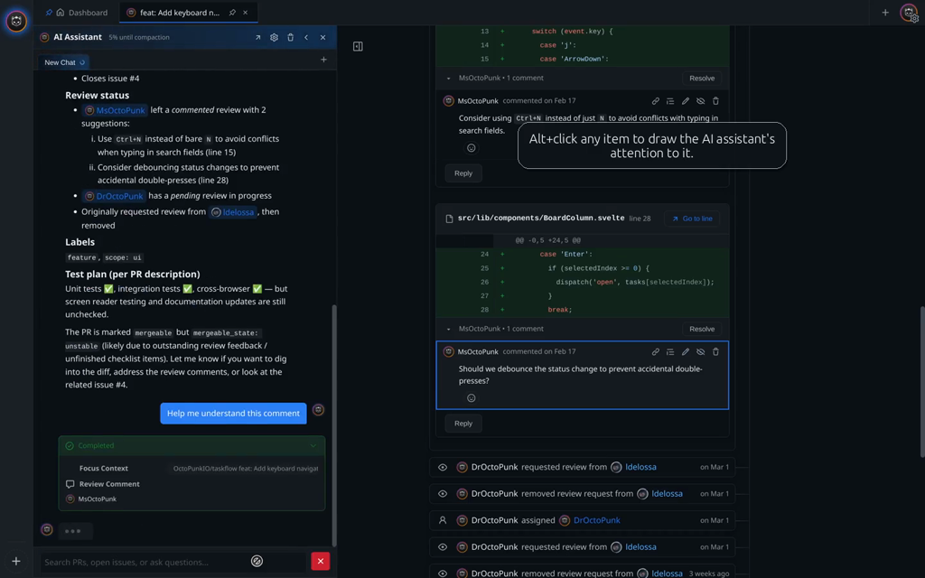 Alt-clicking a specific comment in a PR to scope the AI assistant to that thread