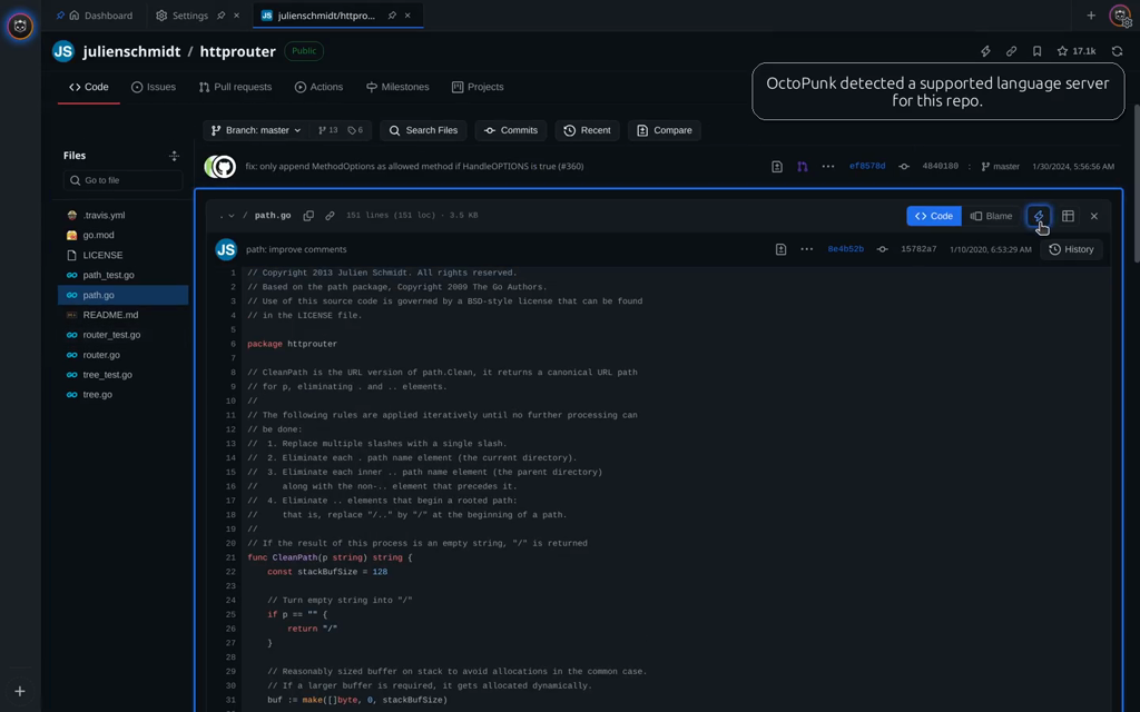OctoPunk detects a supported language server for the repo and offers to enable it