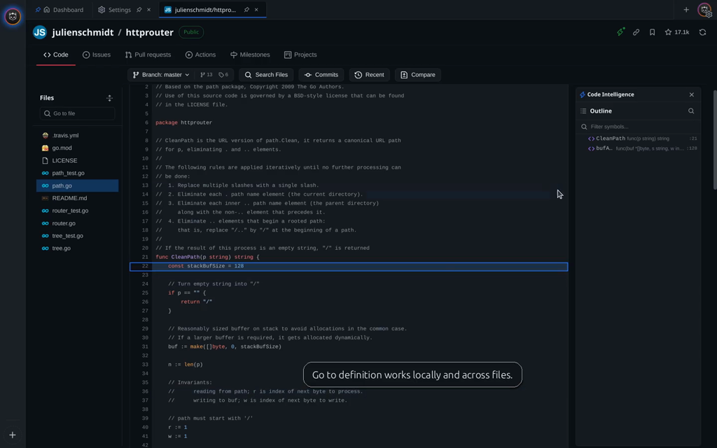 Go to definition working locally and across files in a code review