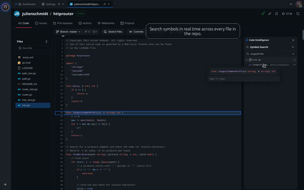 Searching symbols in real time across every file in the repo