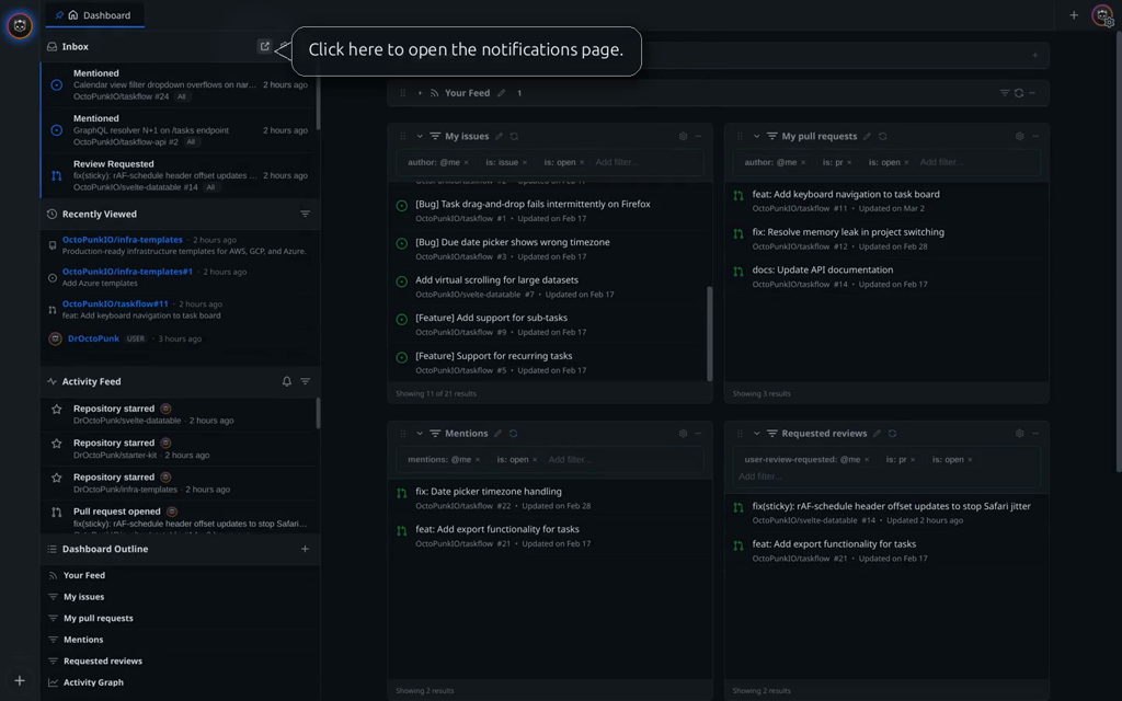 OctoPunk dashboard with the inbox, recently viewed, and feed cards on the left and pull-request and issue widgets on the right