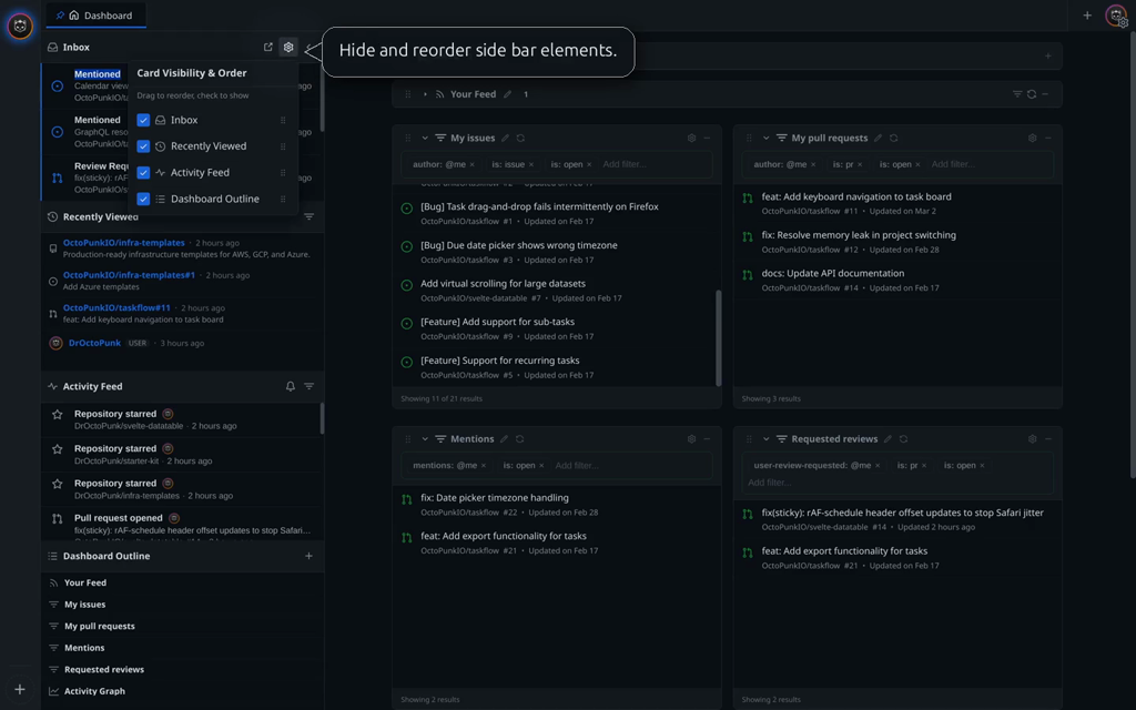 Sidebar card visibility menu — hide and reorder dashboard cards