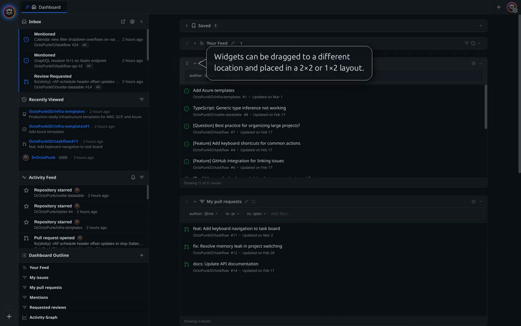 Dragging a widget into a 2x2 layout on the dashboard