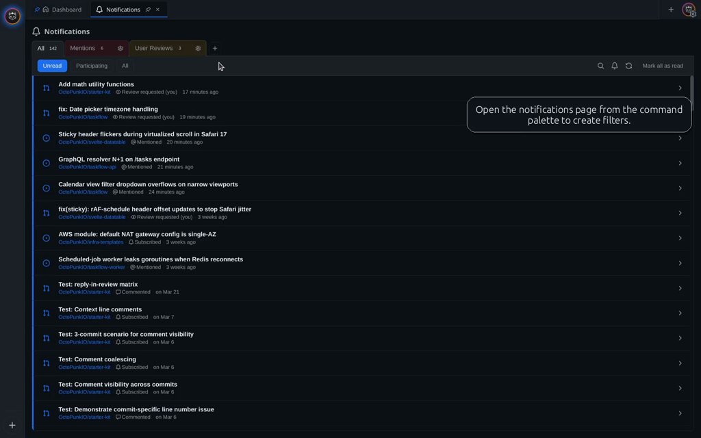 OctoPunk notifications inbox with multiple filter tabs across the top