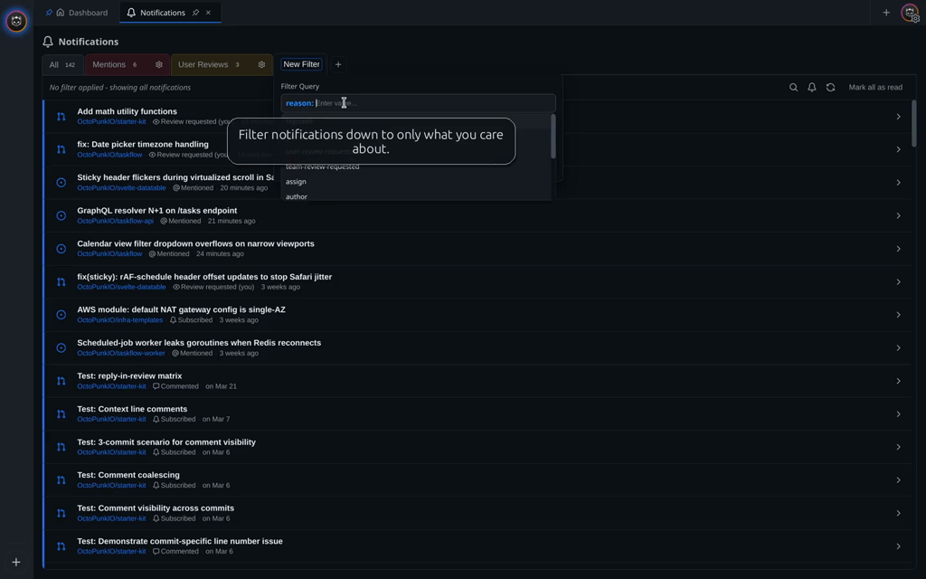 Creating a new notification filter with a custom query