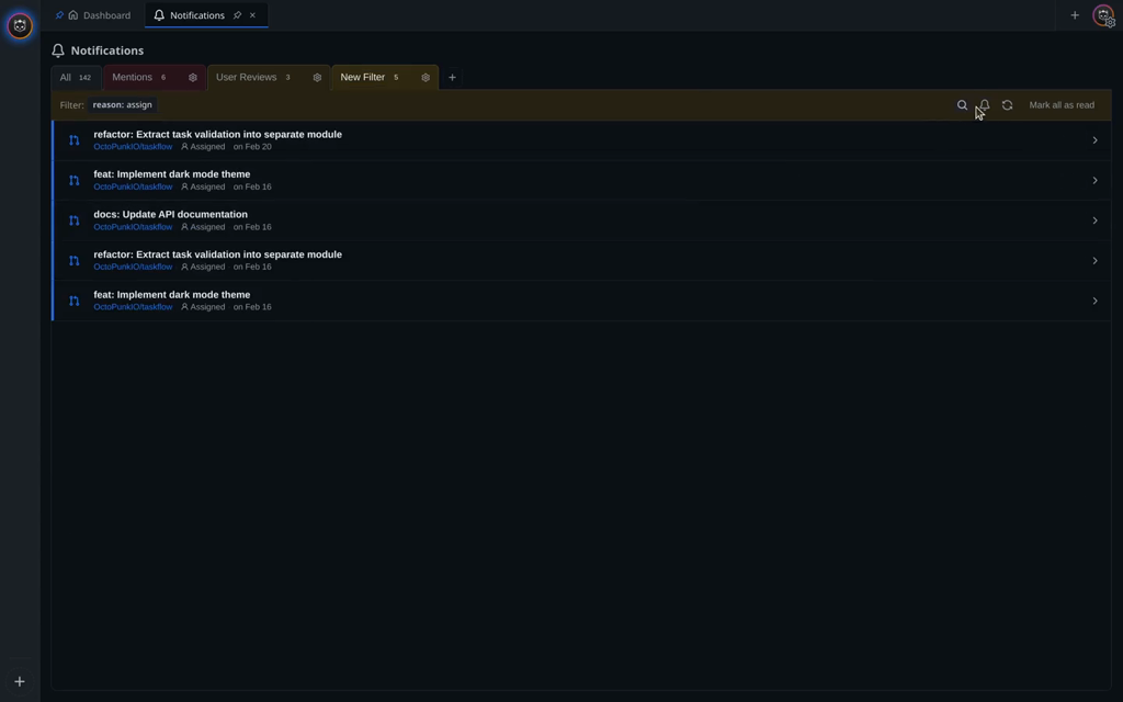 Custom 'reason: assign' filter showing only assigned-to-me notifications